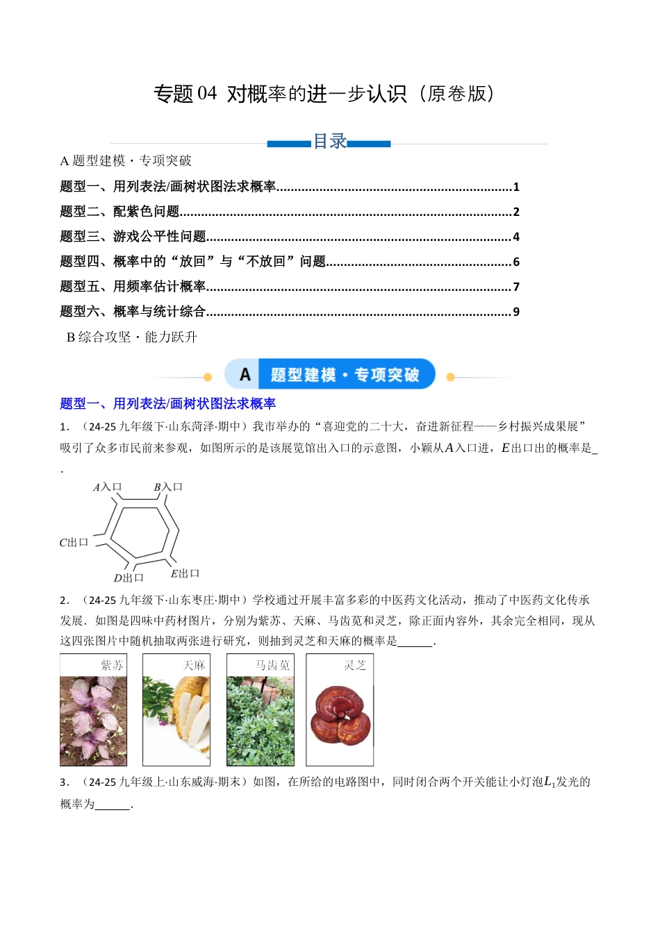 九年级数学下册（鲁教版）专题04 对概率的进一步认识（专项训练）（学生版）.docx_第1页