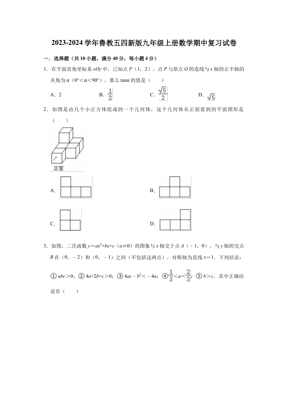 ——鲁教版（五四制）数学九年级上册期中复习试卷.docx_第1页
