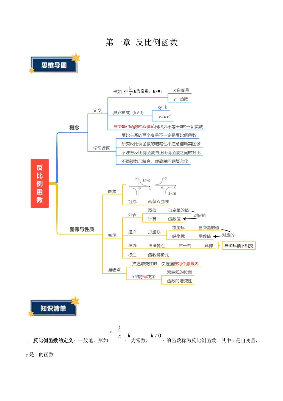九年级数学上册（鲁教版）第一章 反比例函数（含13种题型）（知识清单）（教师版）.docx_第1页