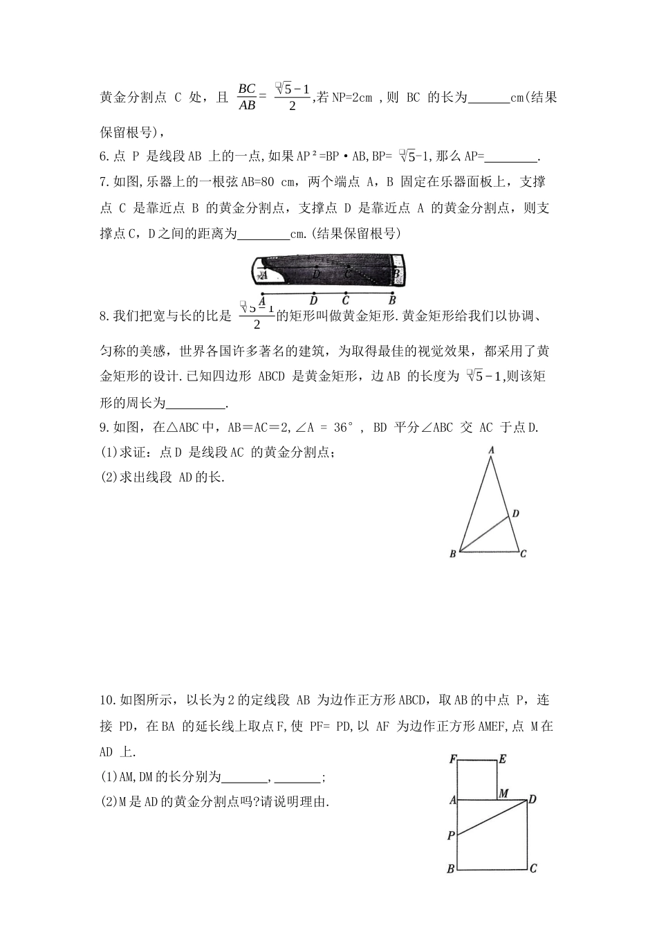 八年级数学下册（鲁教版）9. 6  黄金分割 同步练习 —2025学年鲁教版（五四制）数学八年级下册.docx_第2页