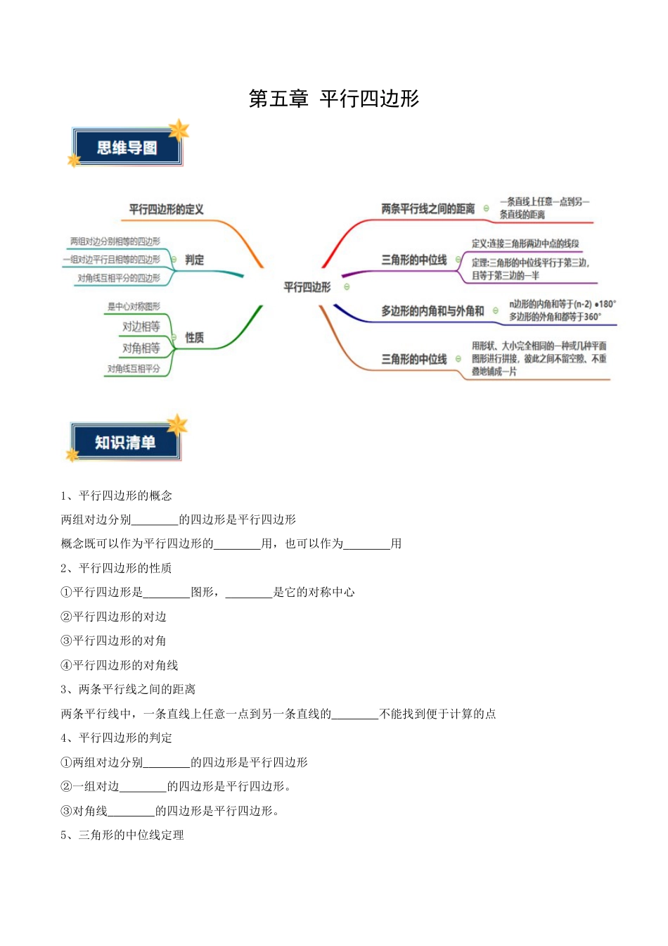 八年级数学上册（鲁教版）第五章知识总结（知识清单） 平行四边形（考试版）.docx_第1页