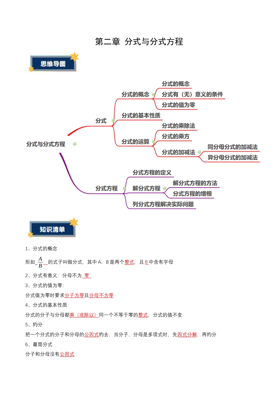八年级数学上册（鲁教版）第二章知识总结 分式与分式方程（答案版）.docx_第1页