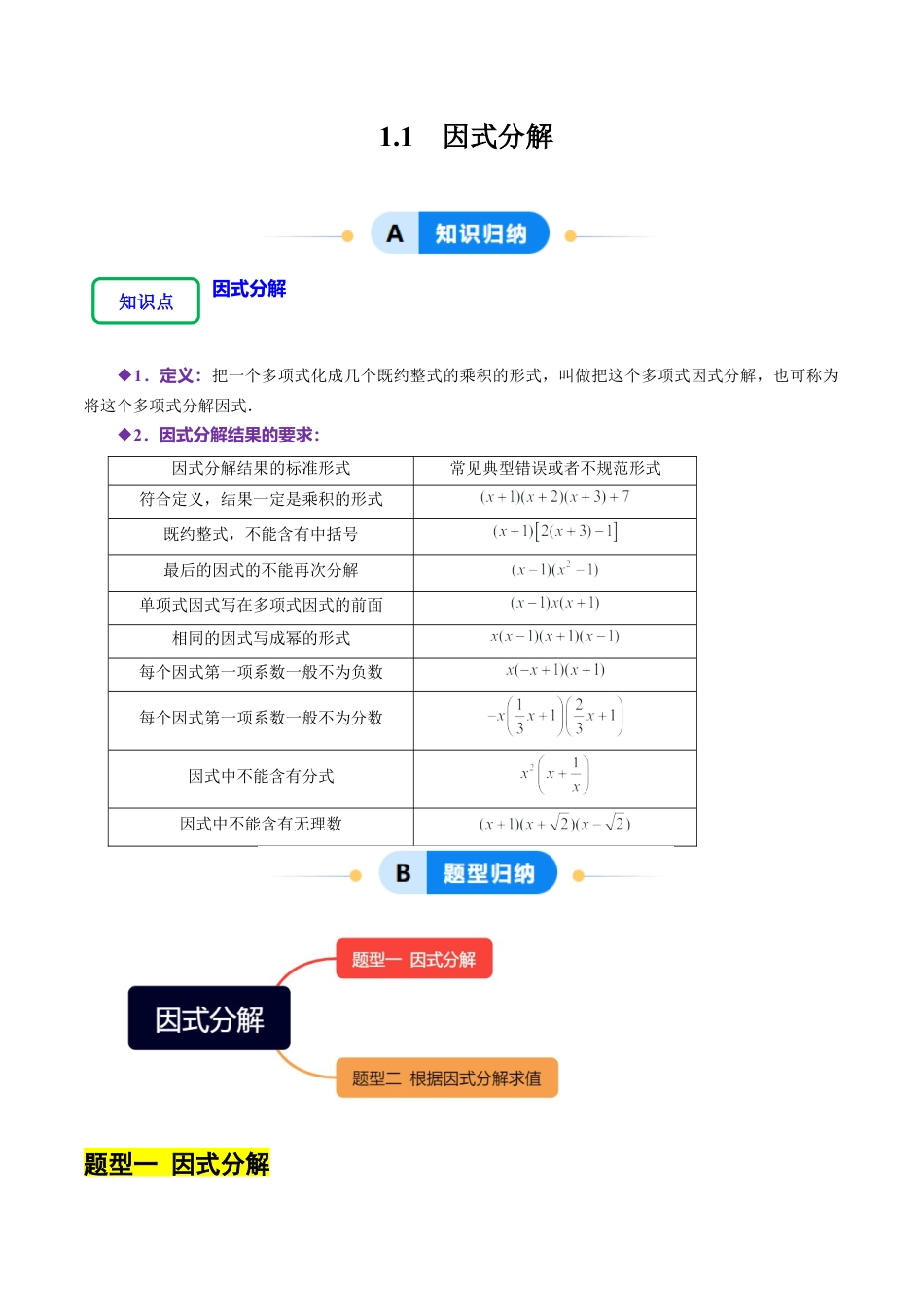 【分层作业】鲁教版数学八年级上册1.1  因式分解（解析版） .docx_第1页