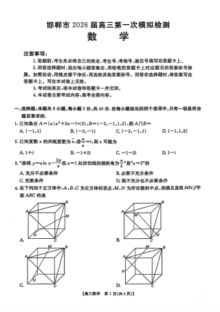 河北邯郸市2026届高三第一次模拟检测数学试卷（含答案）.pdf