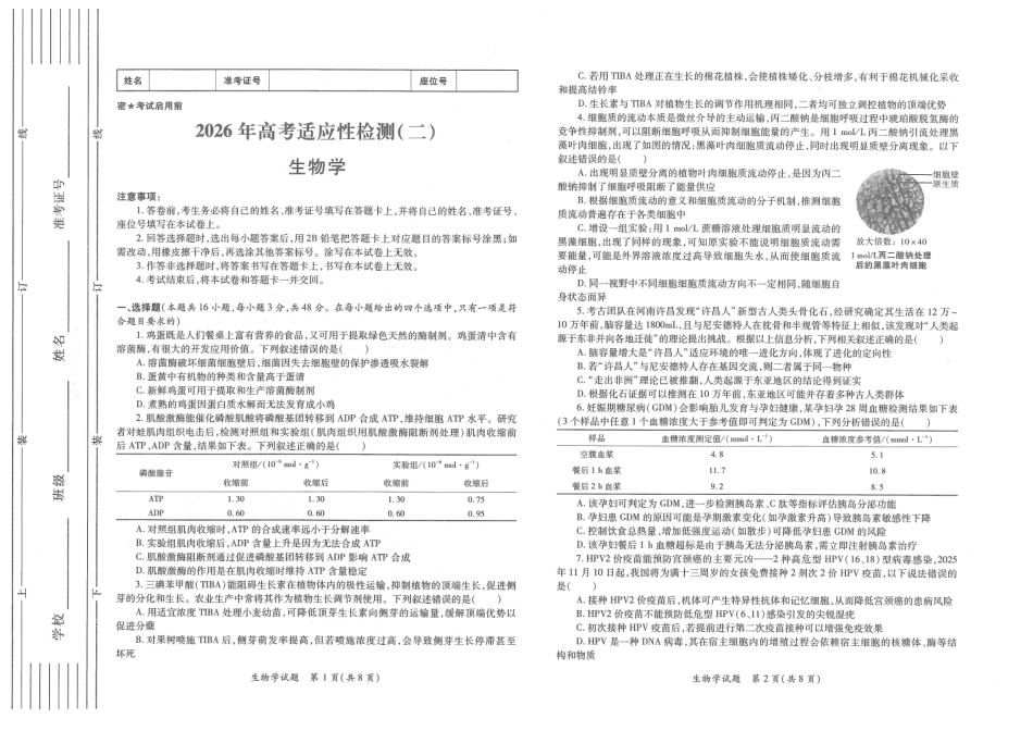 陕西省2026年高考适应性检测（二）生物试题卷(A3版).pdf_第1页