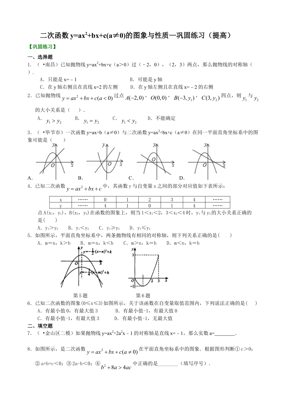 二次函数y=ax2+bx+c(a≠0)的图象与性质—巩固练习（提高）-初中数学九年级下册（华东师大版）.doc_第1页