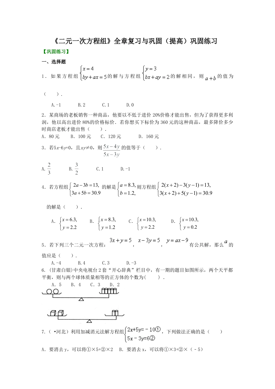 《二元一次方程组》全章复习与巩固(提高)巩固练习-初中数学七年级下册（华东师大版）.doc_第1页