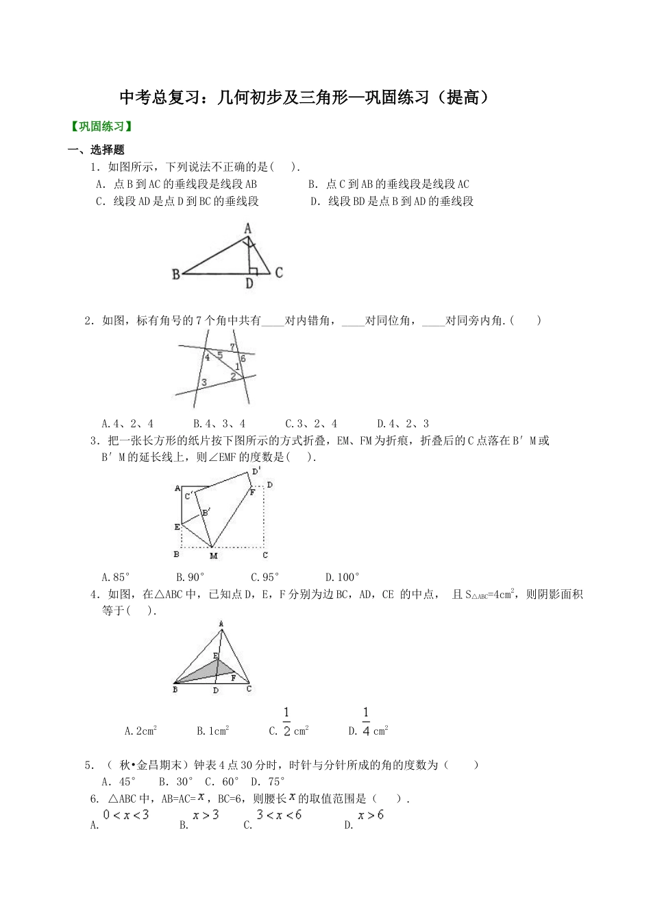 中考总复习：几何初步及三角形--巩固练习（提高）（华东师大版）.doc_第1页