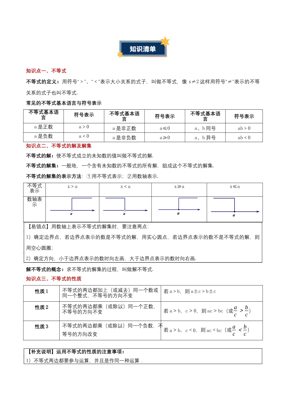 北京版初中数学七年级下册-第四章 一元一次不等式和一元一次不等式组（知识清单）（挖空版）.docx_第2页