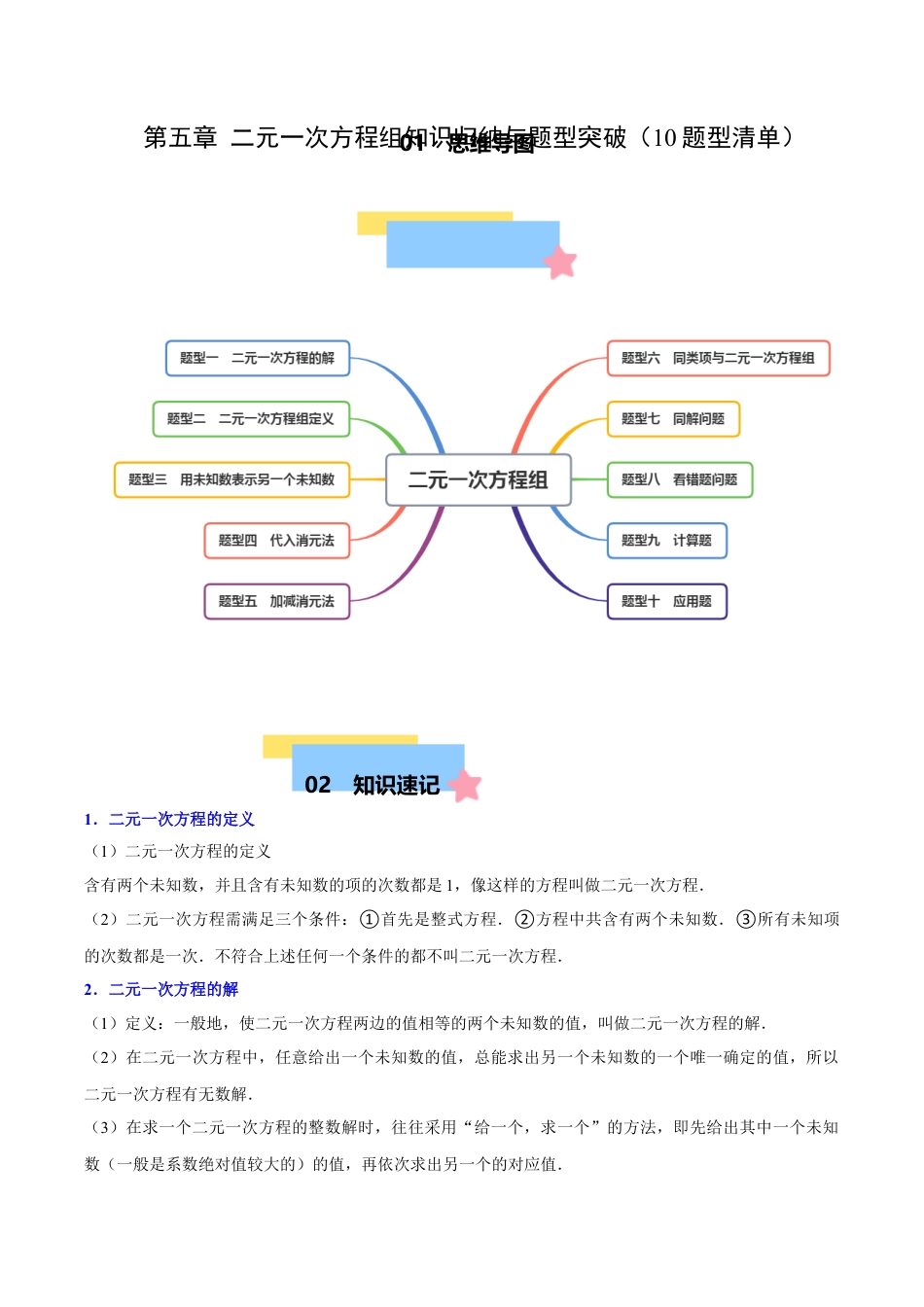 北京版初中数学七年级下册-第五章 二元一次方程组知识归纳与题型突破（10题型清单）（教师版）.docx_第1页