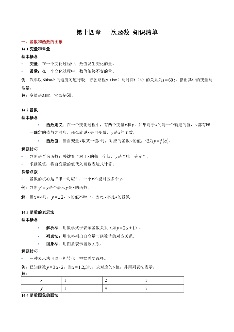 八年级数学下册（北京版）第十四章 一次函数（知识清单）.docx_第1页