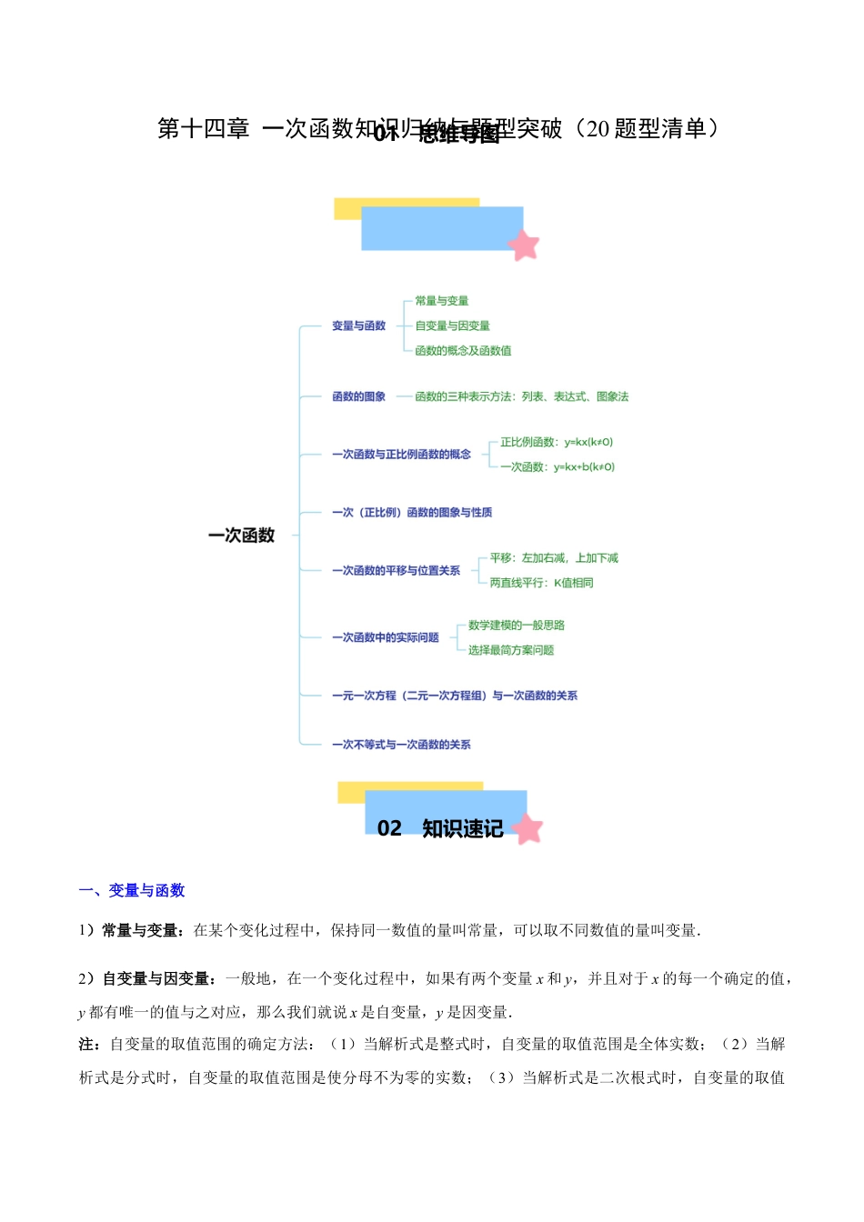 八年级数学下册（北京版）第十四章 一次函数知识归纳与题型突破（20题型清单）（教师版）.docx_第1页