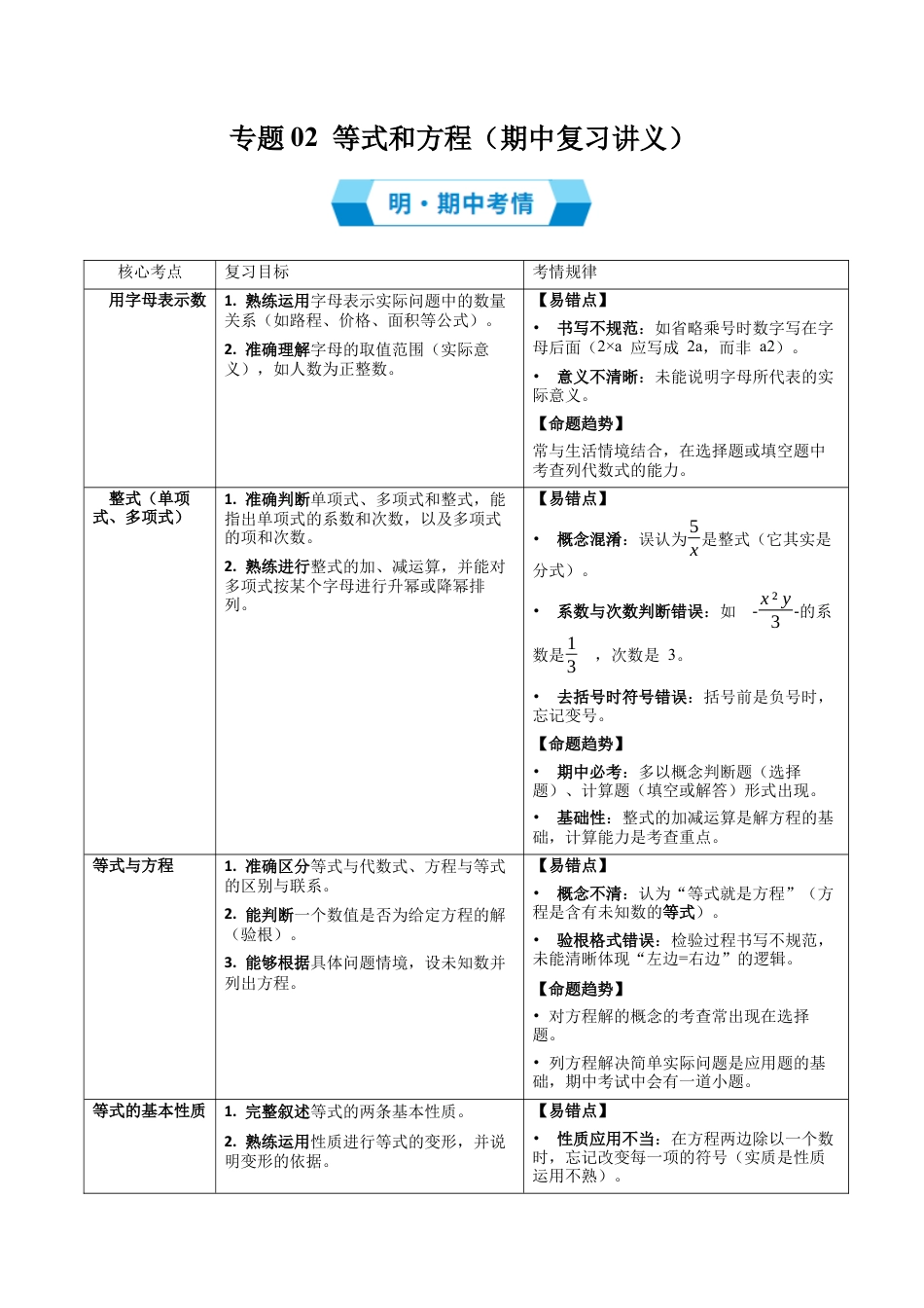 七年级数学上册（北京版）专题02 等式和方程（期中复习讲义）（教师版）.docx_第1页