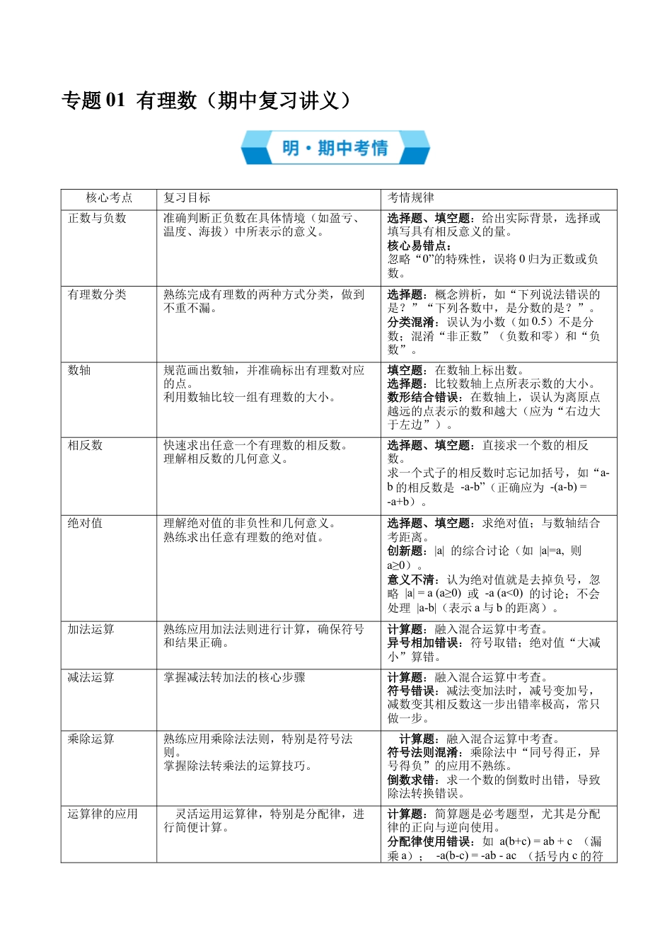 七年级数学上册（北京版）专题01 有理数（期中复习讲义）（学生版）.docx_第1页