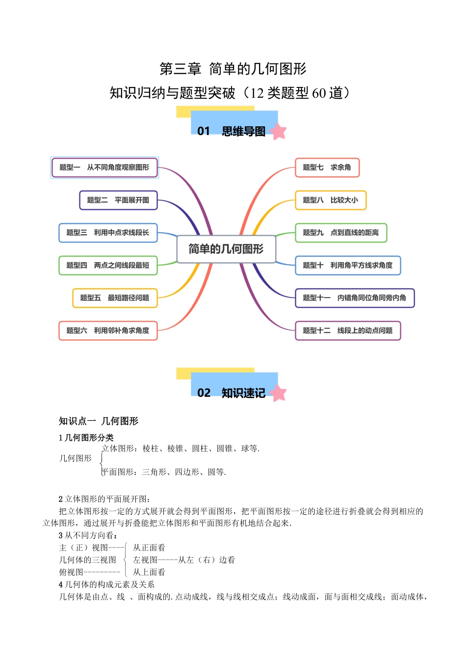 七年级数学上册（北京版）第三章 简单的几何图形  知识归纳与题型突破（12类题型60道）（学生版）.docx_第1页