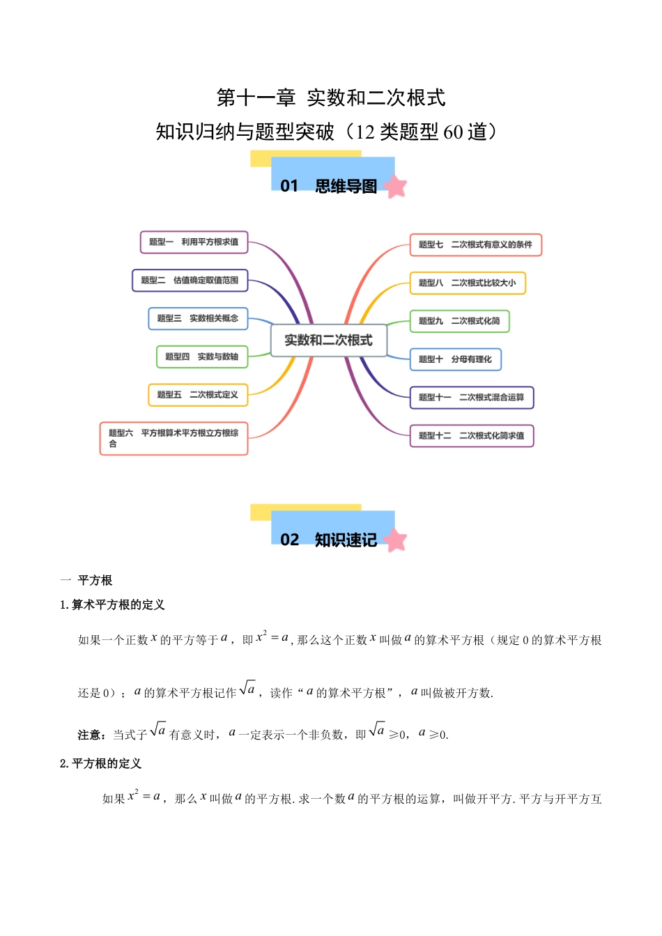 八年级数学上册（北京版）单元知识复习-第十一章 实数和二次根式  知识归纳与题型突破（12类题型60道）（教师版）.docx_第1页