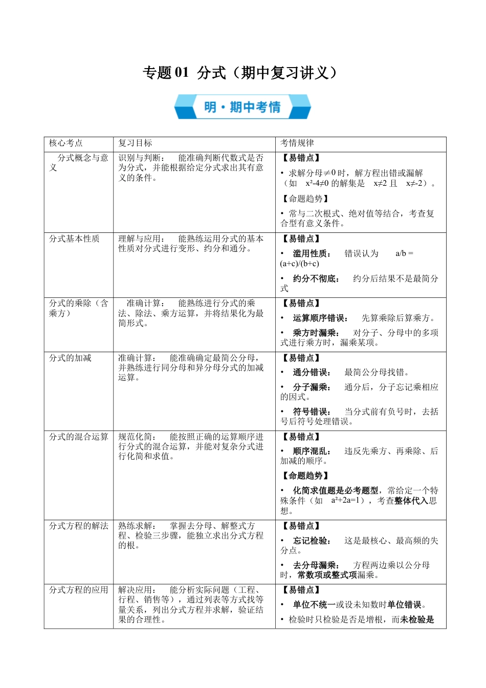 八年级数学上学期（北京版）期末模拟卷-专题01 分式（期中复习讲义）（教师版）.docx_第1页