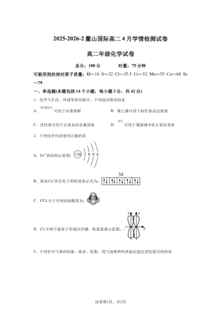 湖南长沙市麓山国际2025-2026学年高二4月学情检测高二化学试卷含答案.docx