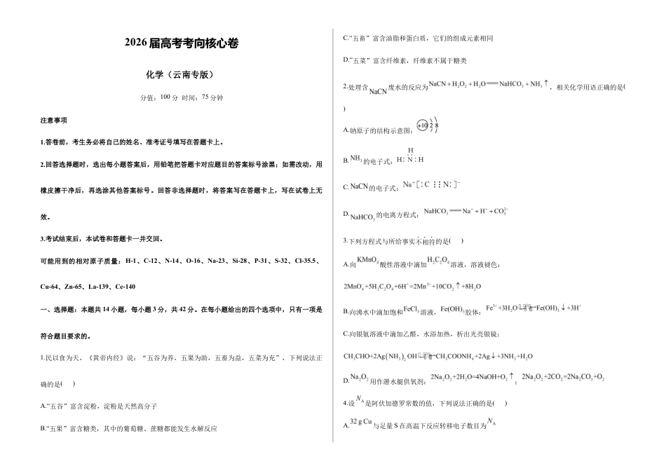 2026届高考预测模拟-化学考向核心卷·云南专版（Word版 含标准答案）.docx_第1页