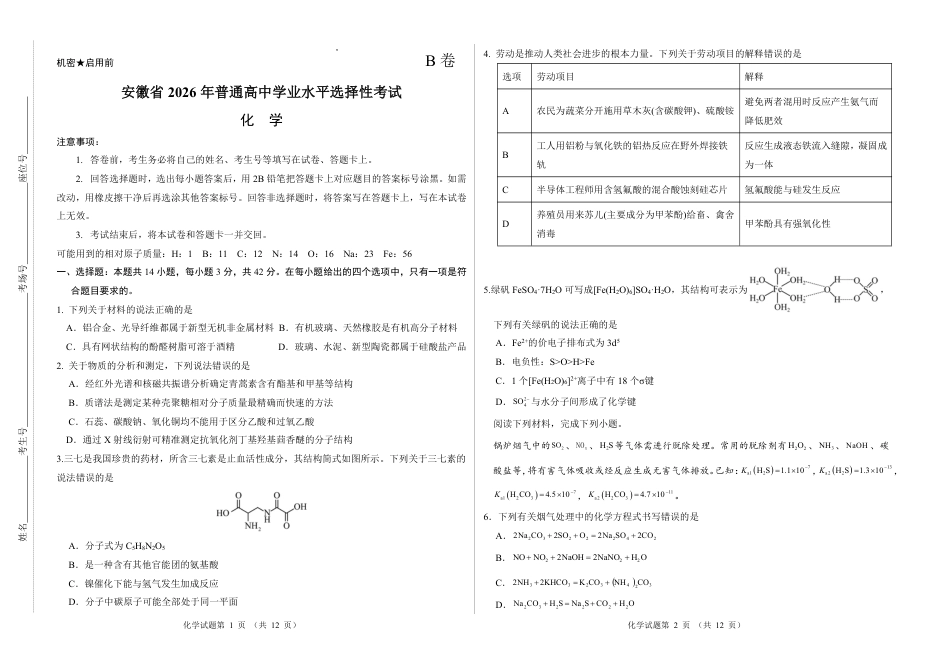 2026新高考预测卷(安徽专版)化学B卷(含答案解析).pdf_第1页