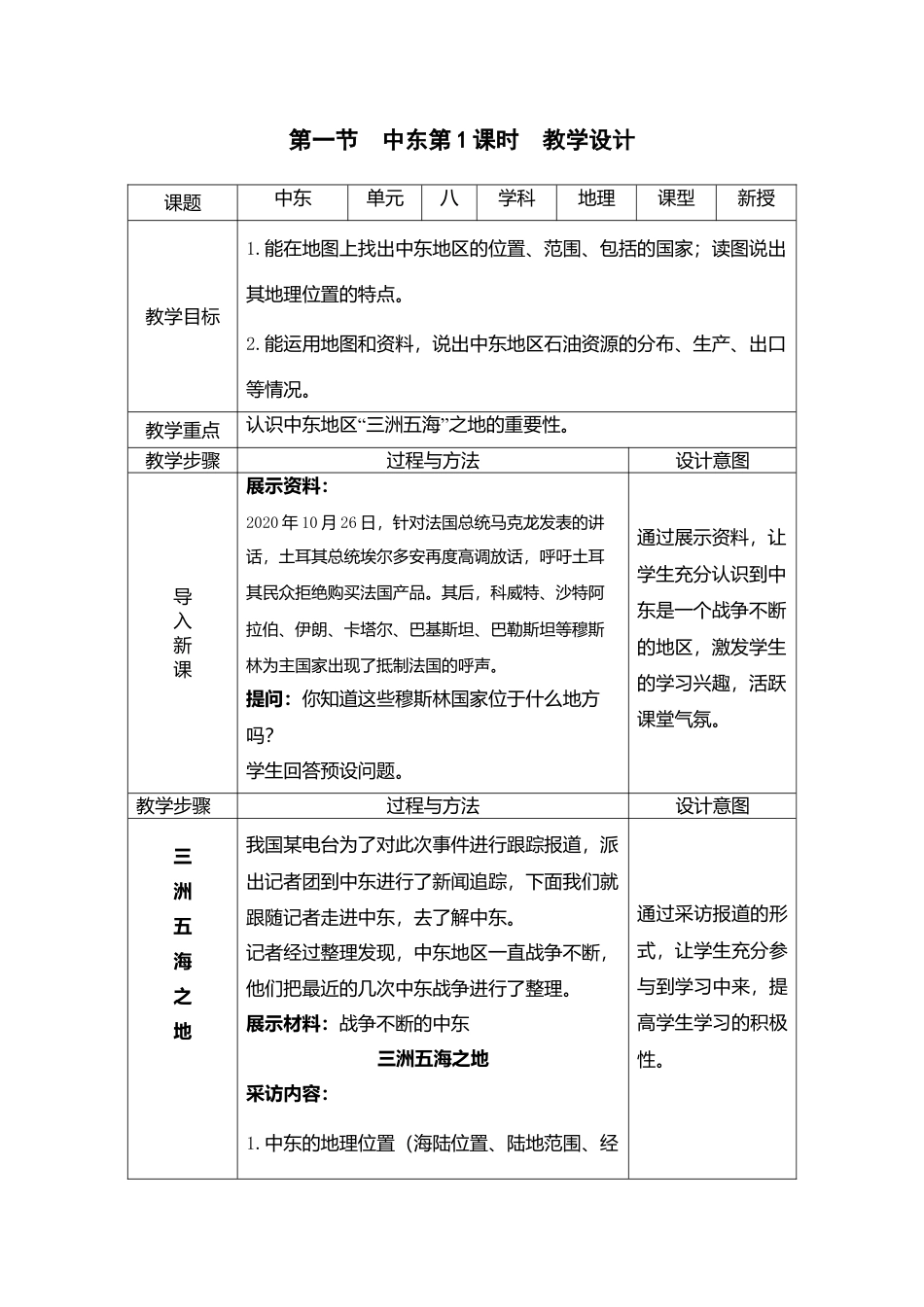 人教版七下地理8.1中东第1课时 教学设计.doc_第1页