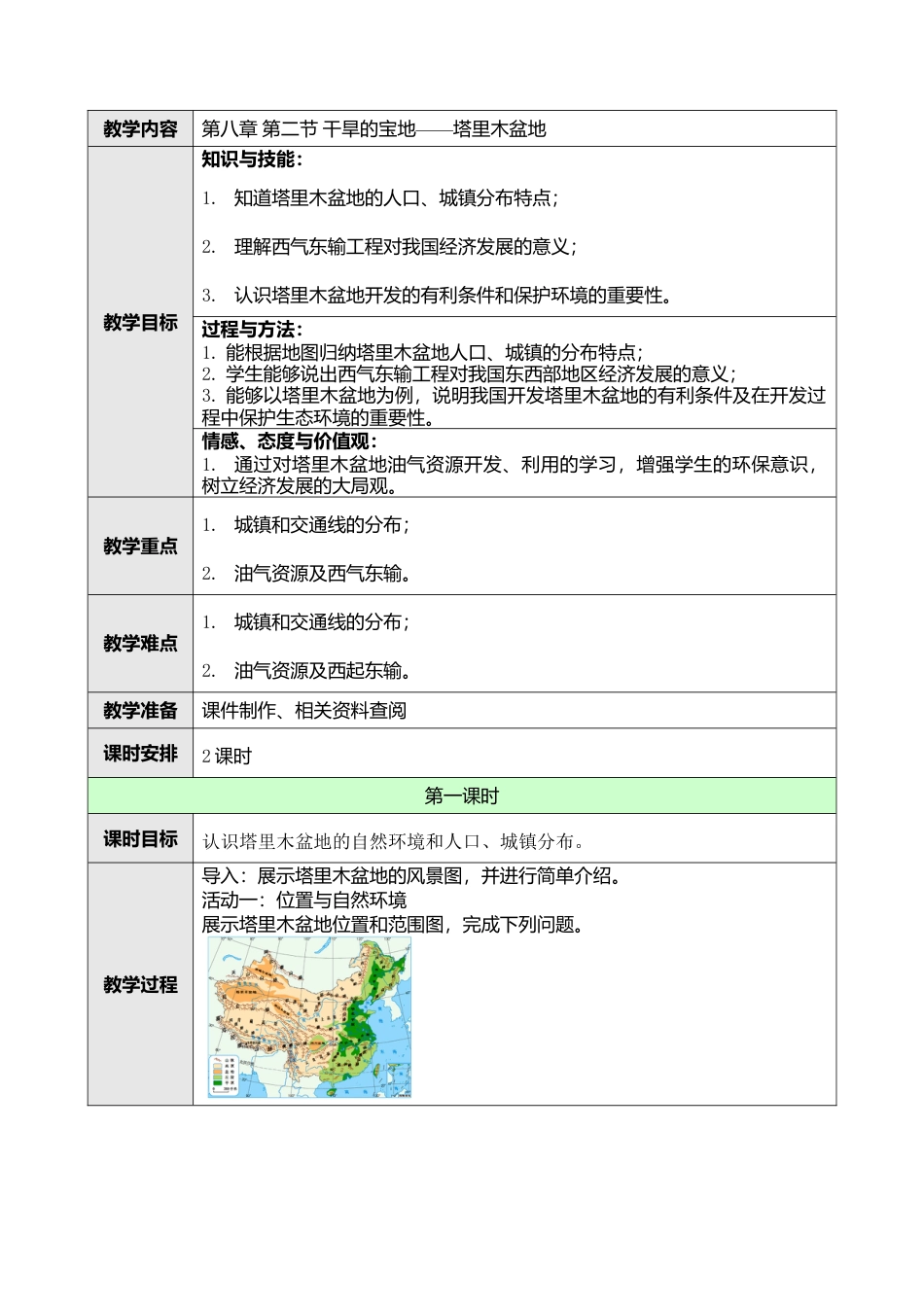 人教版八年级下册第八章第二节干旱的宝地——塔里木盆地教案.doc_第1页