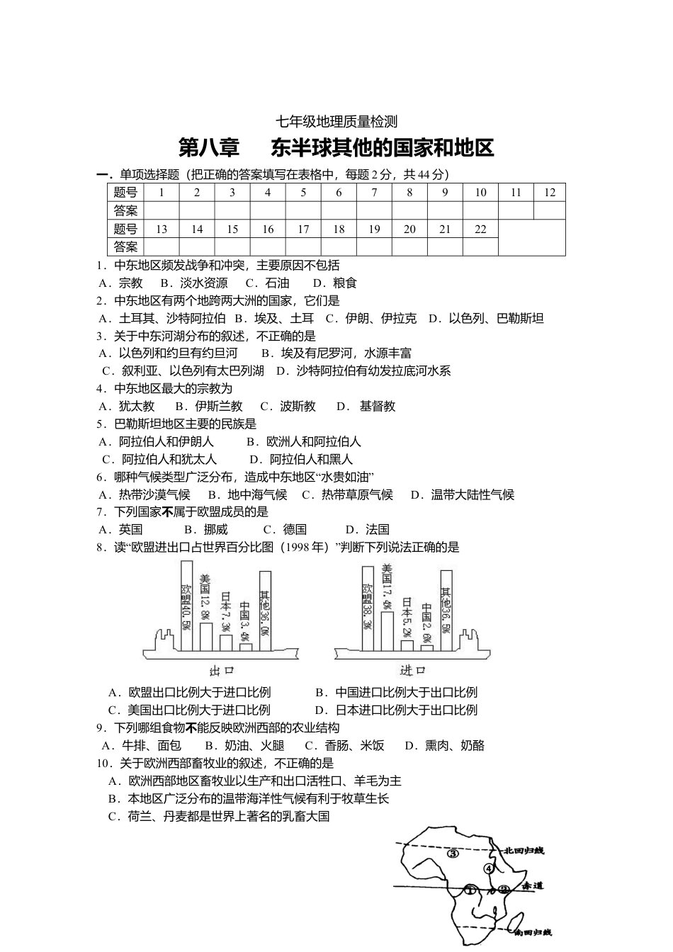 七年级地理质量检测七年级下册第8章.doc_第1页