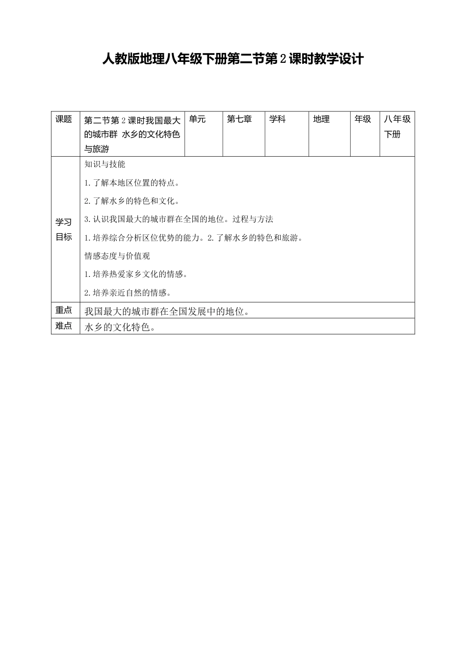 第七章第二节第2课时我国最大的城市群水乡的文化特色与旅游-人教版初中地理.doc_第1页