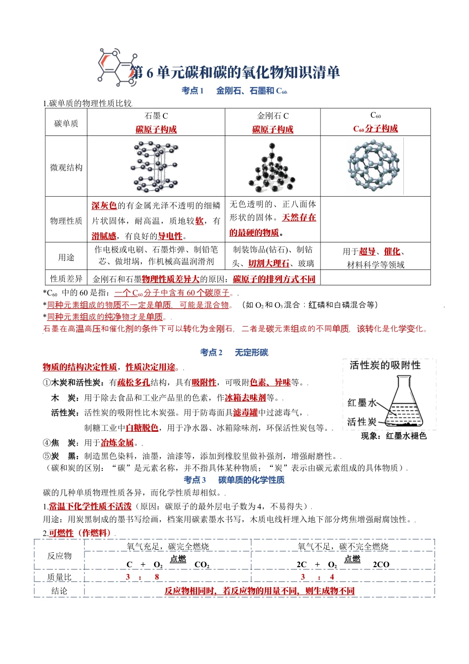 初三化学练习试卷-第六单元 碳和碳的氧化物-九年级化学上册单元复习知识清单.docx_第1页