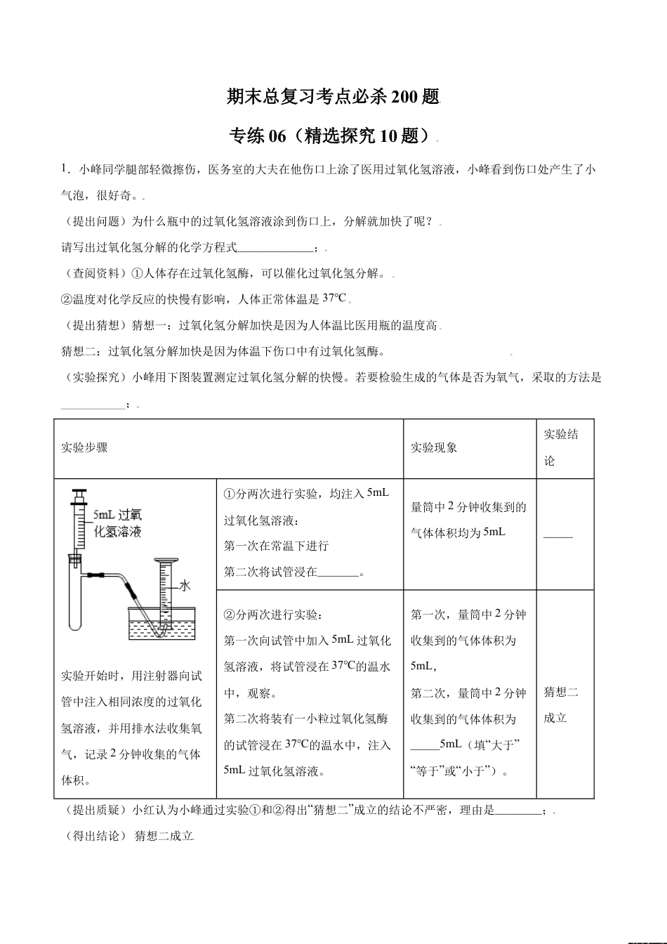 初三化学练习试卷-专练06(精选探究10题)(原版试卷).doc_第1页