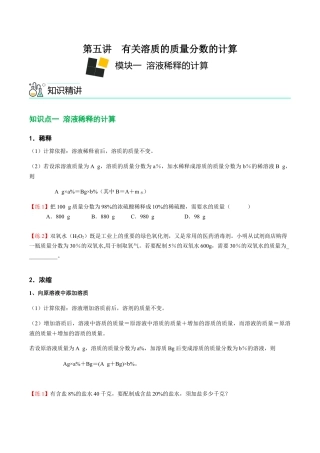 初三化学练习试卷-第5讲 有关溶质的质量分数的计算（原版试卷）.docx