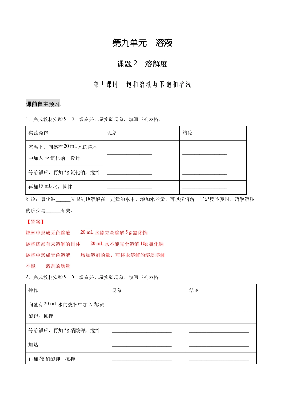 初三化学练习试卷-9.2.1 饱和溶液与不饱和溶液(人教版)(含答案解析).docx_第1页