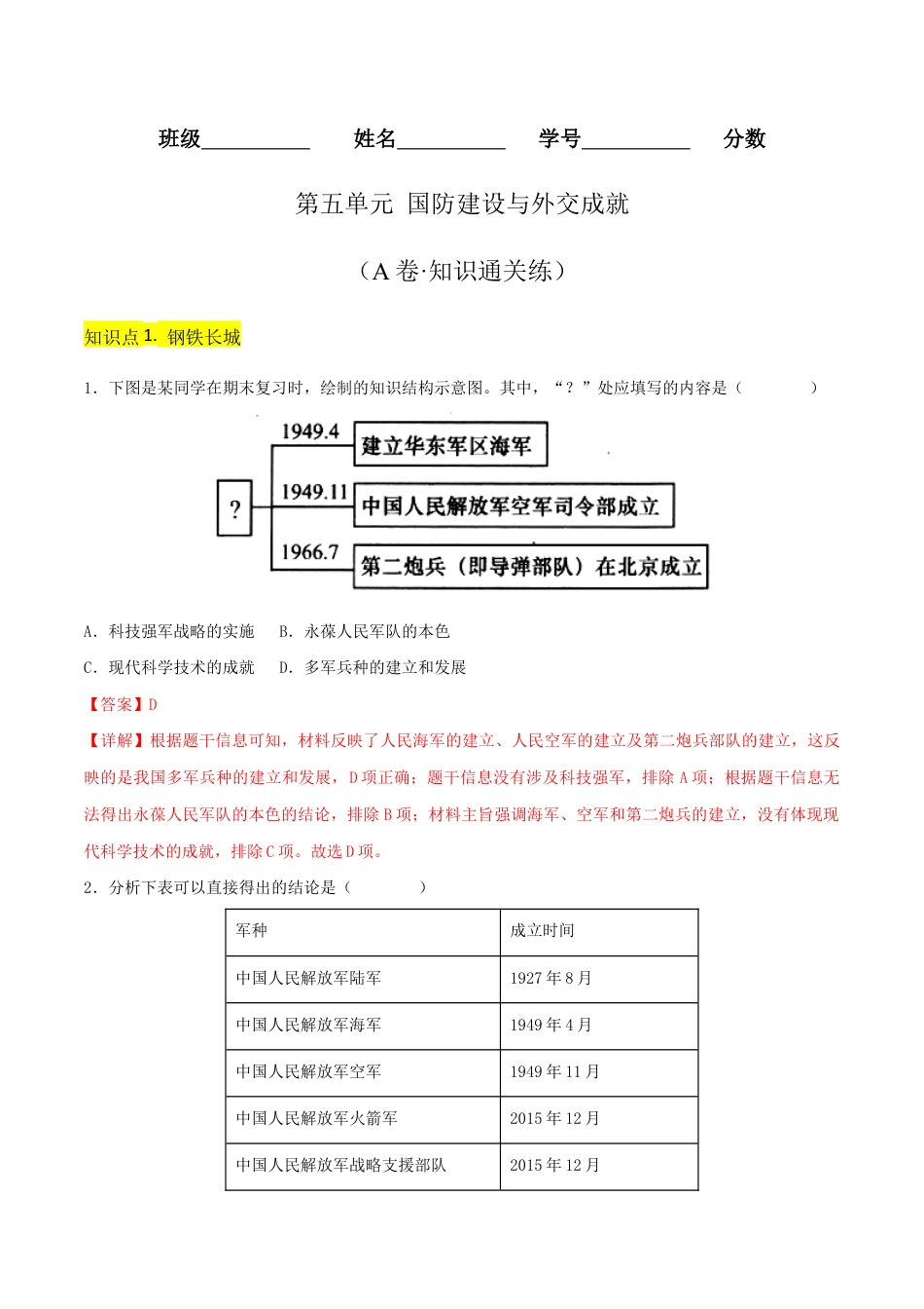 人教版历史八年级下册第五单元 国防建设与外交成就(A卷·知识通关练)(解析版) _new.docx_第1页