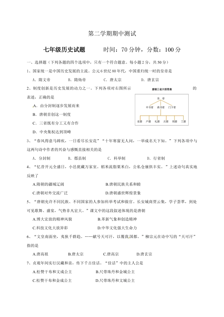 山东省临清市七年级下学期期中考试历史试题(1).doc_第1页