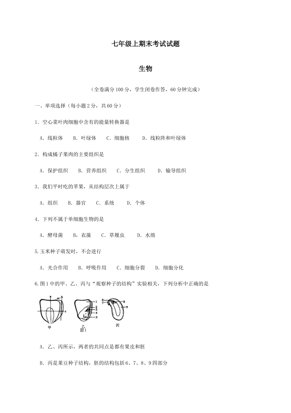 03、七年级生物上学期期末考试试题.doc_第1页
