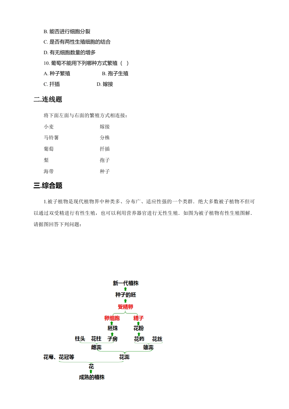八下第七单元第一章第一节 植物的生殖同步练习(含答案).doc_第2页