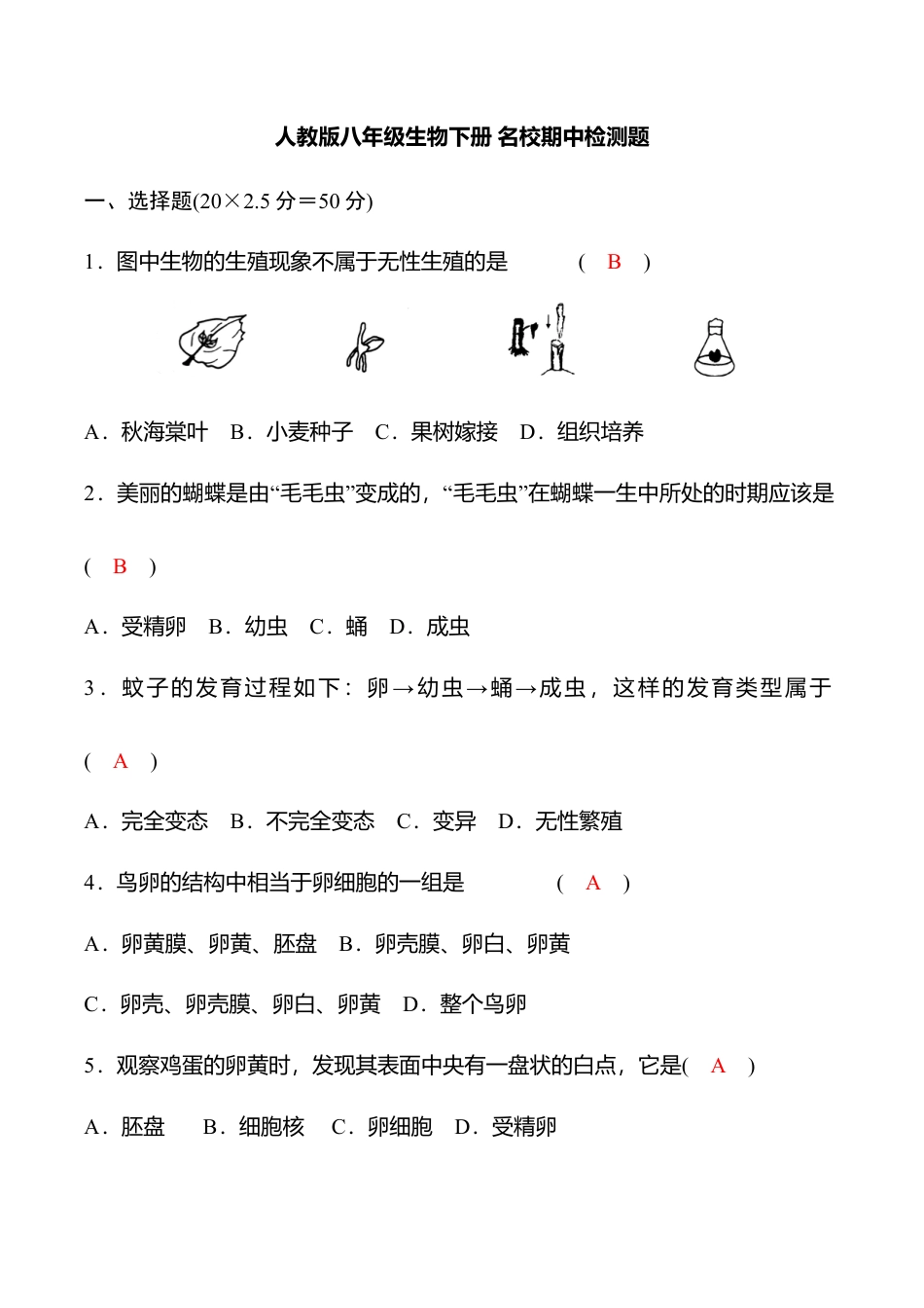 人教版八年级生物下册名校期中检测题(教师版).doc_第1页