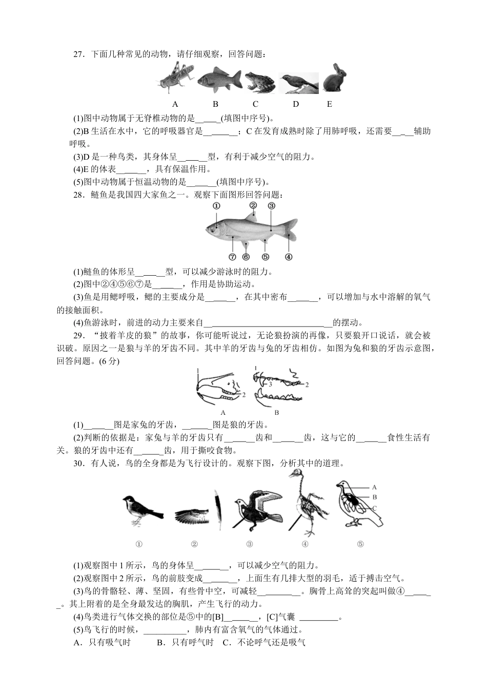 人教版初中生物八年级上册训练题1(第五单元第一章.含答案).doc_第3页