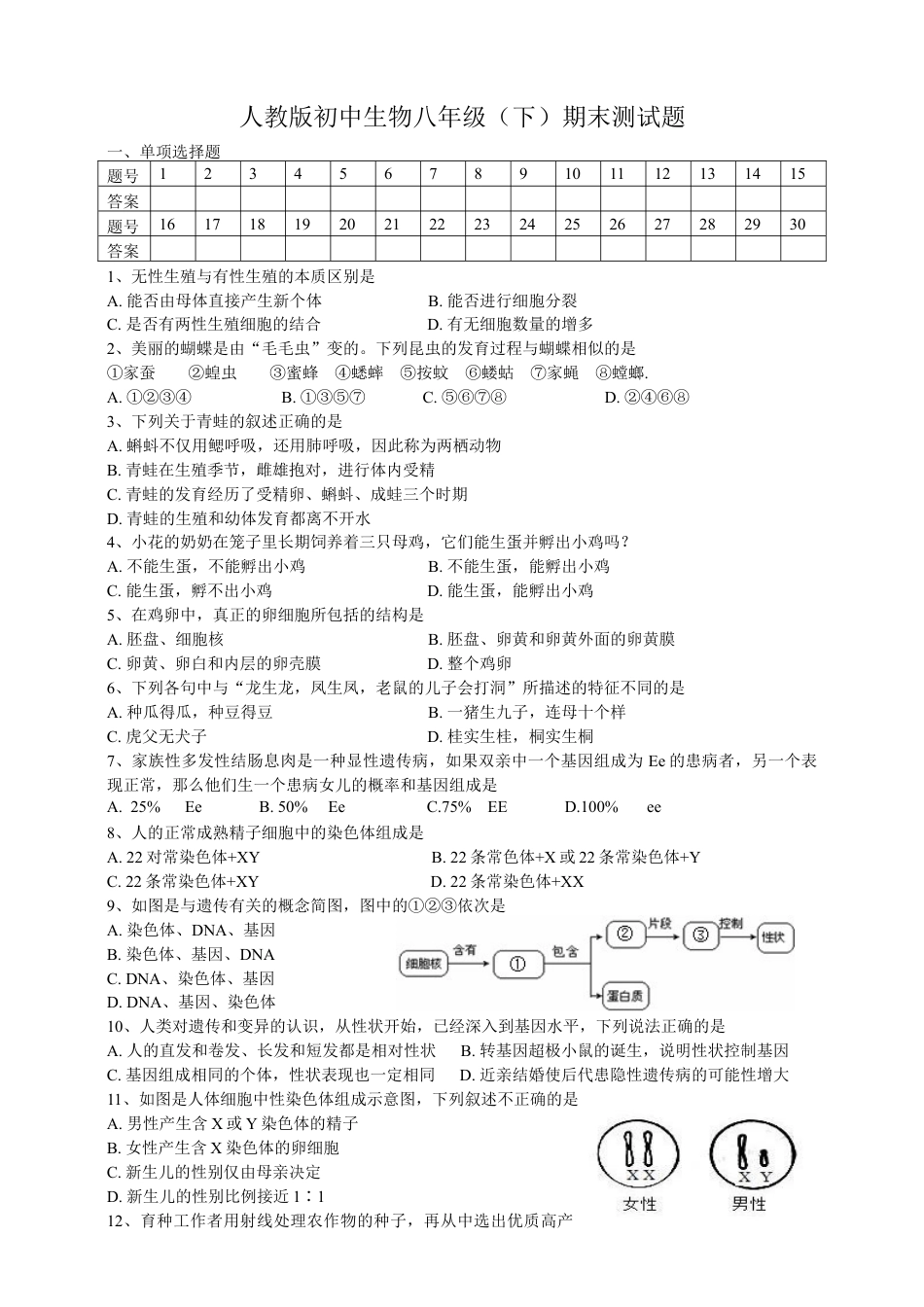 人教版初中生物八年级下册期末测试题(三含答案).doc_第1页