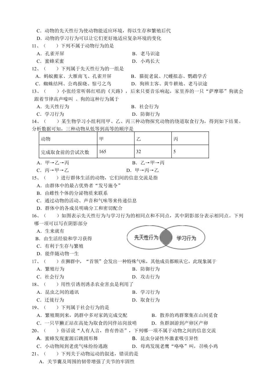 人教版初中生物学八年级上册单元测试题2(第五单元第二章.含答案).doc_第2页