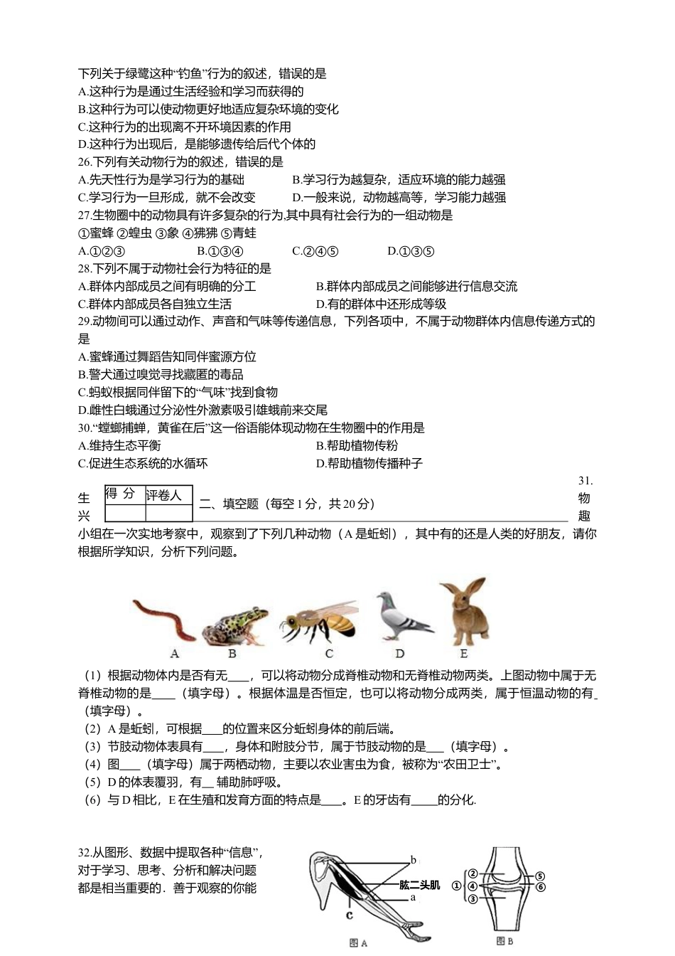 人教版初中生物学八年级上册期中测试题1.doc_第3页