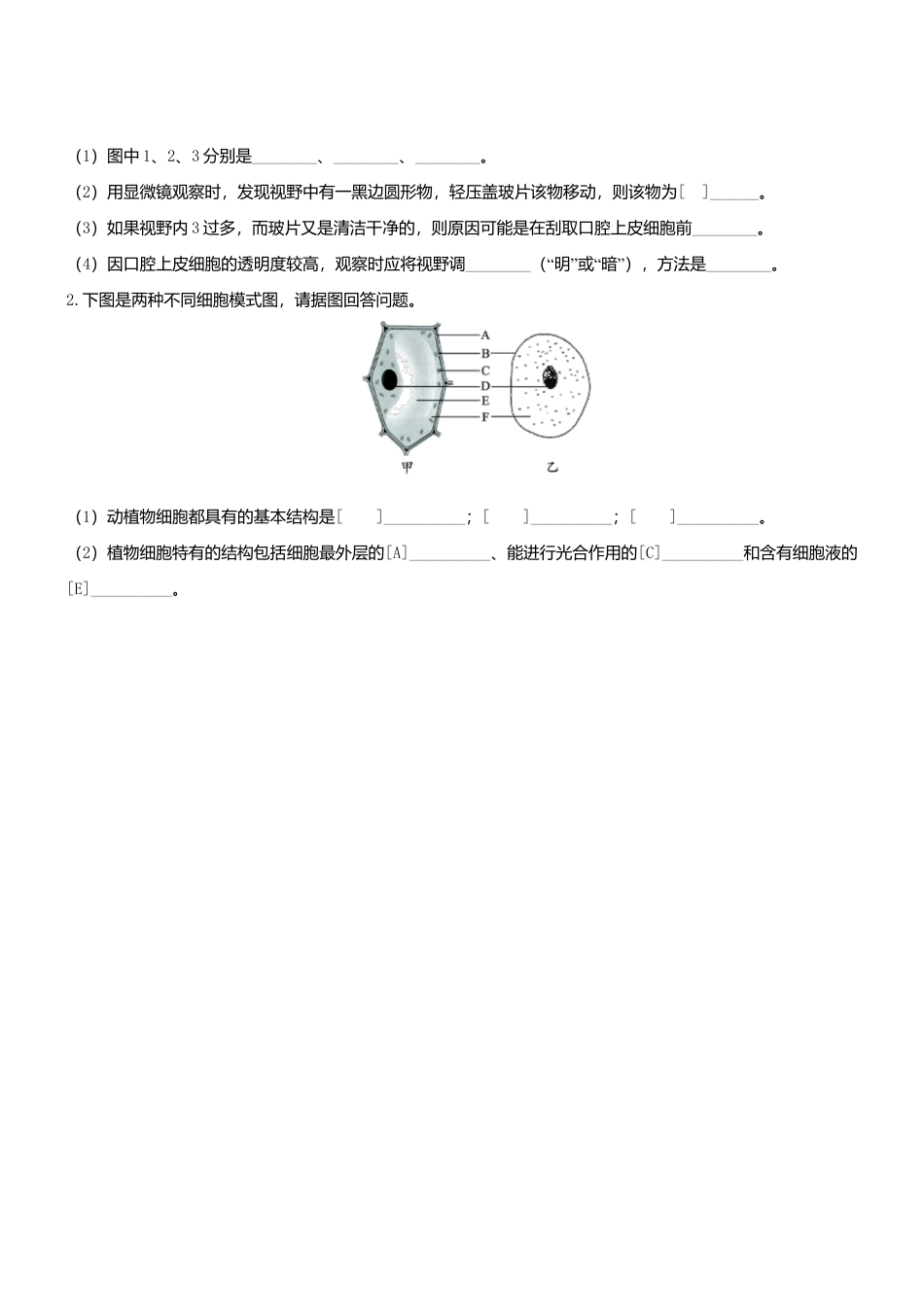 人教生物七年级上-2.1.3 动物细胞双基双测.doc_第2页