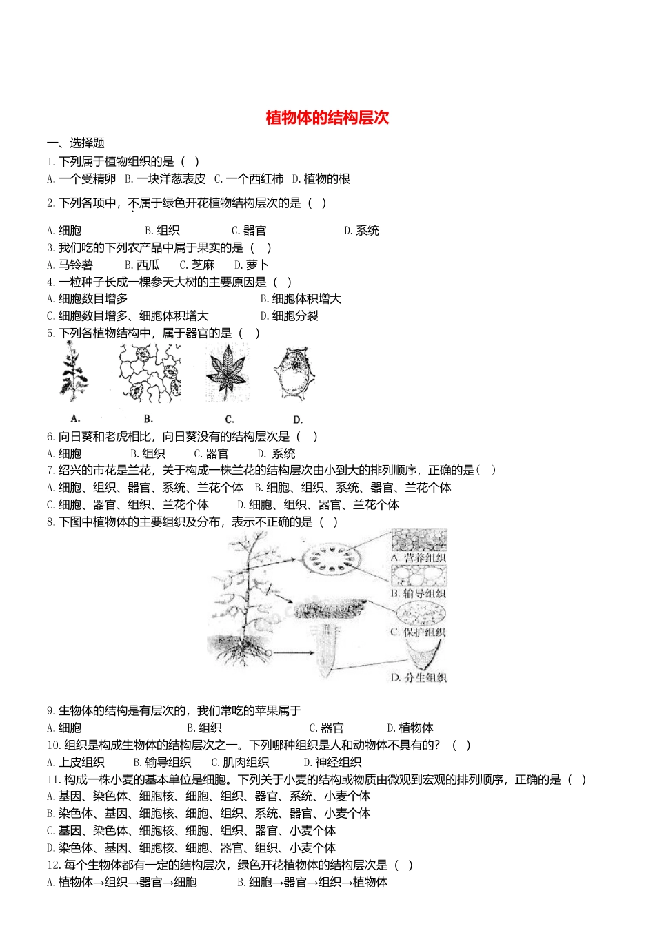 人教生物七年级上-2.2.3 植物体的结构层次双基双测.doc_第1页
