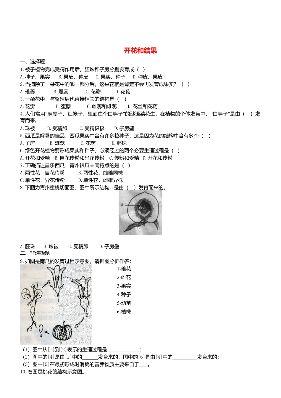 人教生物七年级上-3.2.3 开花和结果 同步测试.doc_第1页