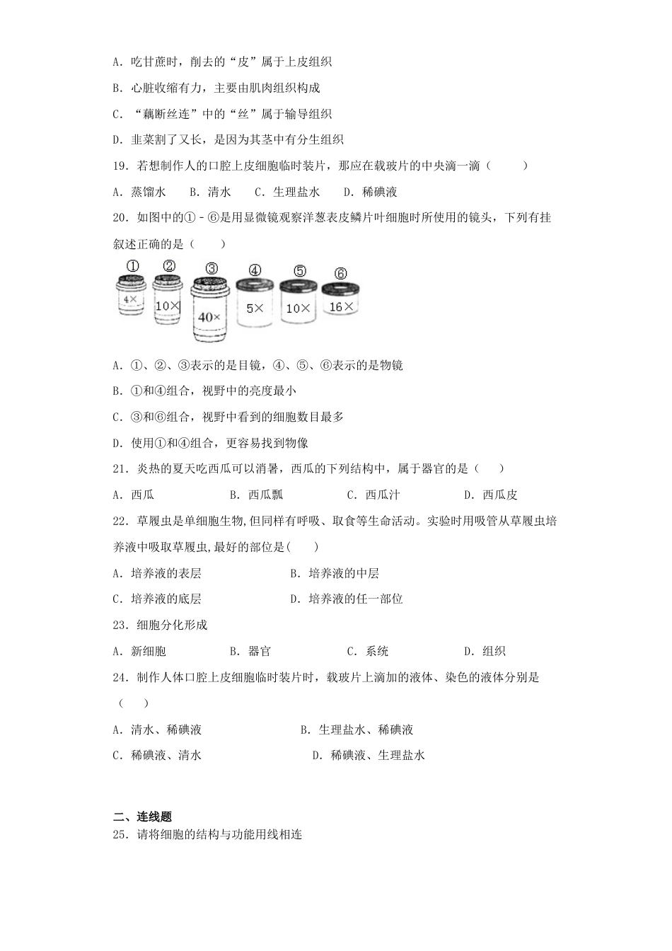 人教生物七年级上-第2单元《生物体的结构层次》测试题(含答案).docx_第3页