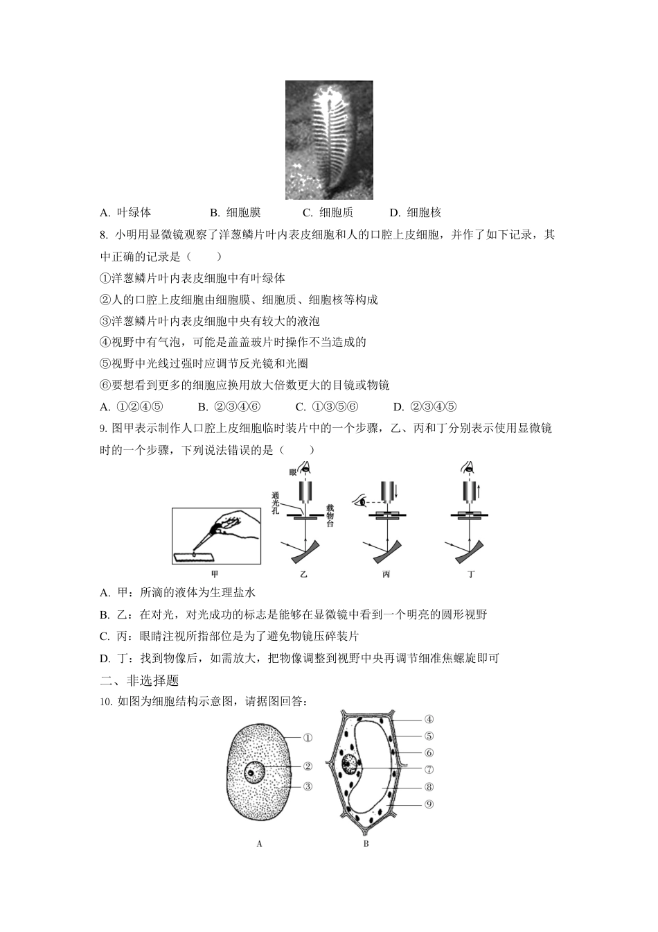 人教生物七年级上-第2单元1.3动物细胞同步练习题.docx_第2页