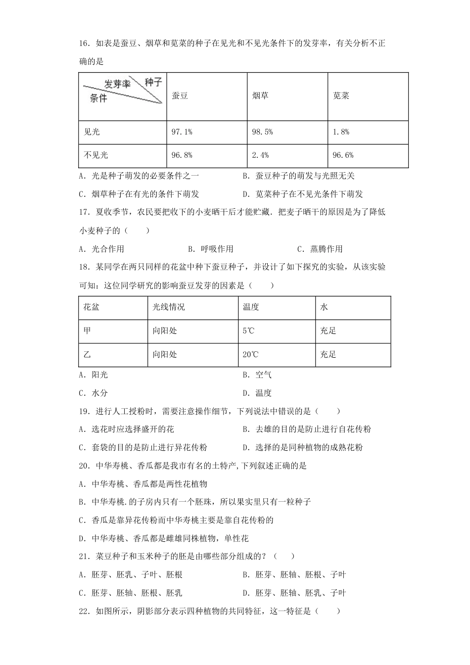 人教生物七年级上-第3单元《生物圈中的绿色植物》测试题(含答案).docx_第3页
