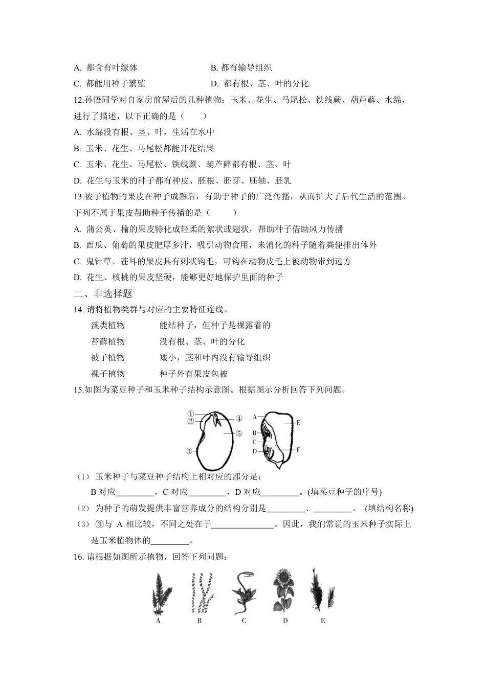 人教生物七年级上-第3单元1.2种子植物同步练习题.docx_第2页