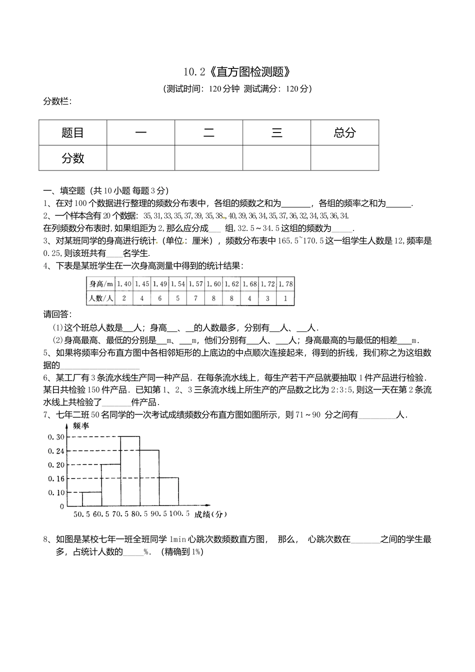 人教版数学七年级下册-10.2 直方图 检测题3.doc_第1页
