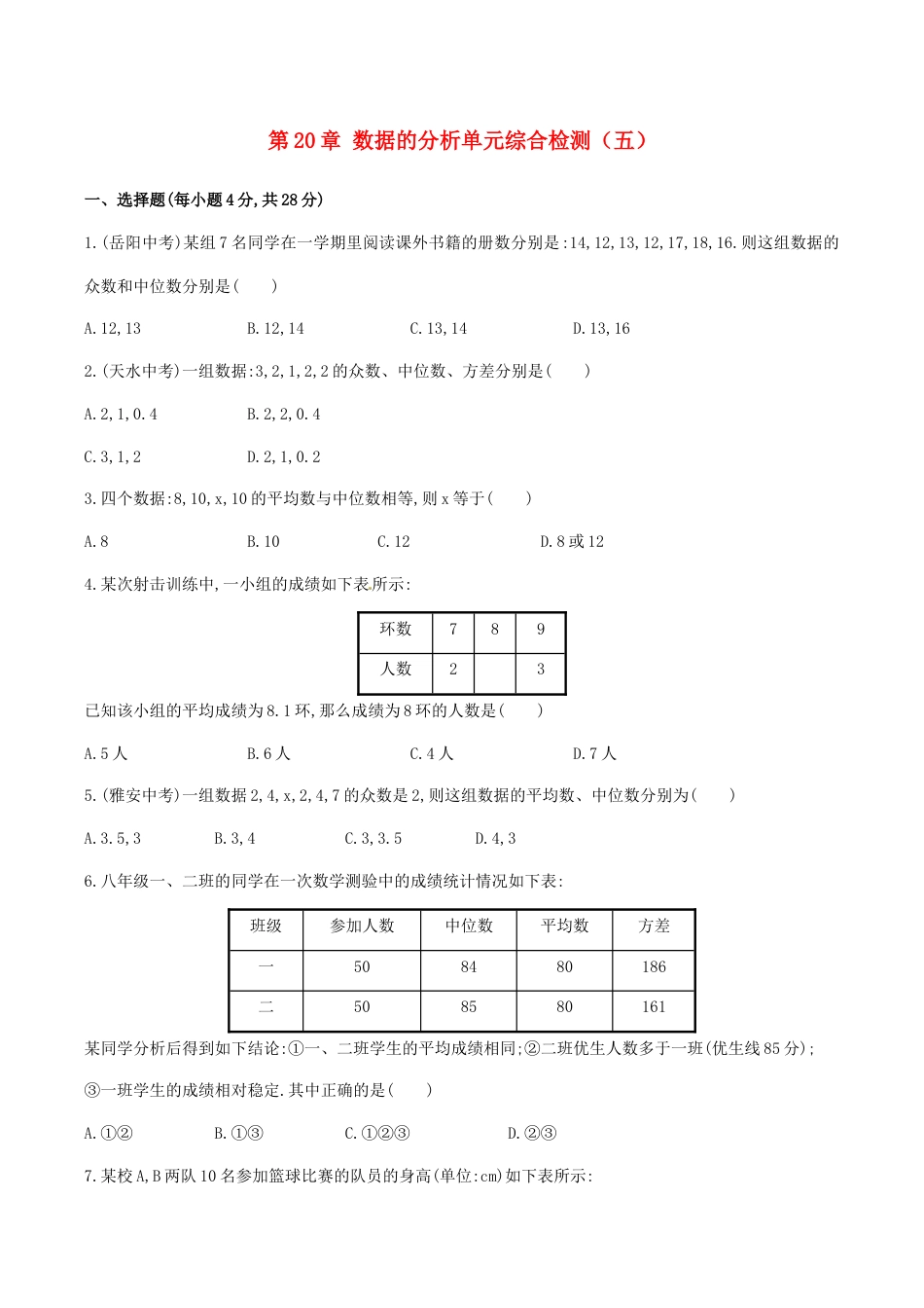 人教版数学八年级下册第20章 数据的分析单元综合检测.doc_第1页